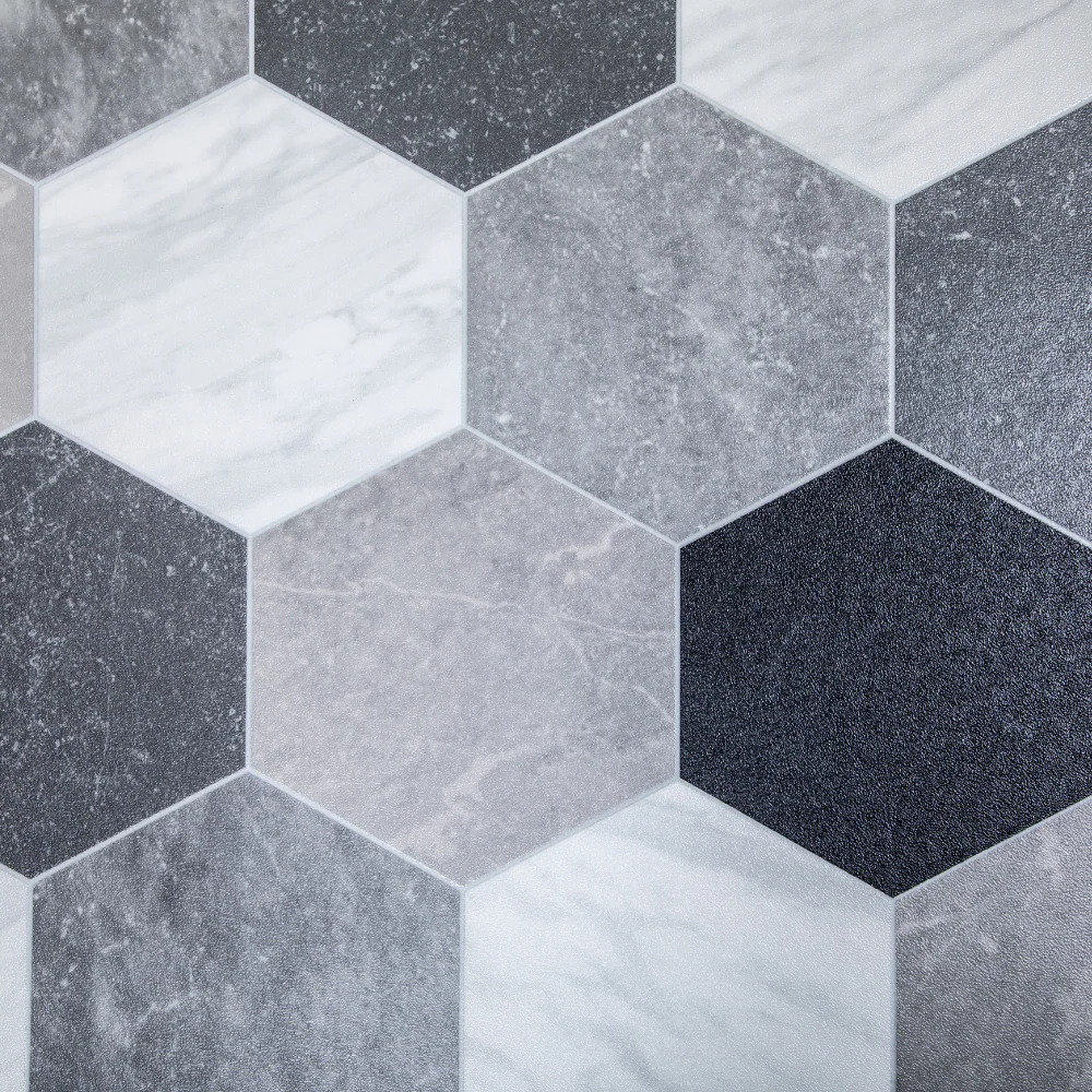 Black & White Venice Tile Vinyl / Lino Roll Flooring 2m & 4m Width Kitchen Bathroom Flooring - Image 2